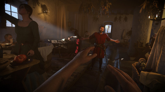 Kingdom Come Deliverance 2 romance: a man welcomes someone into his dimly lit bathhouse.