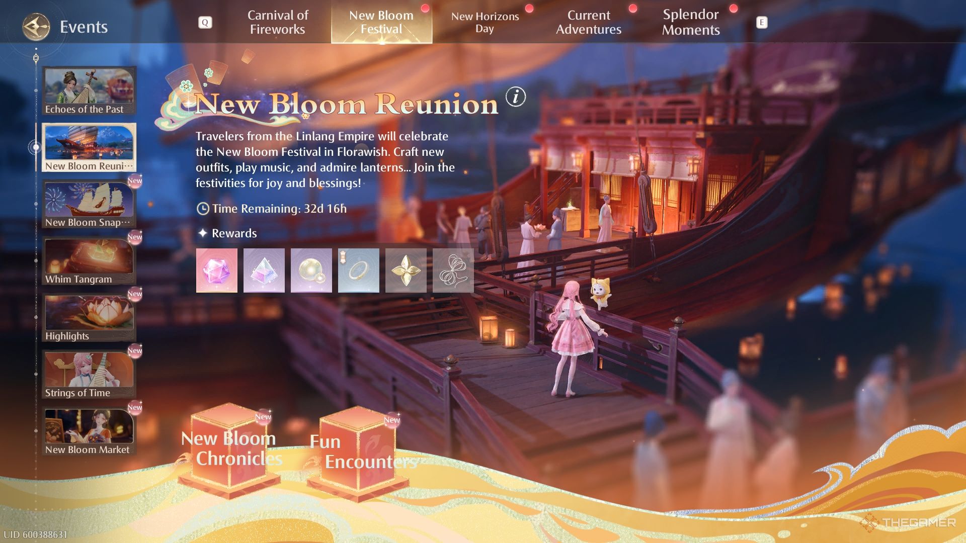 New Bloom Reunion menu with the rewards listed on the screen, Nikki and Momo in the background on the White Jade.