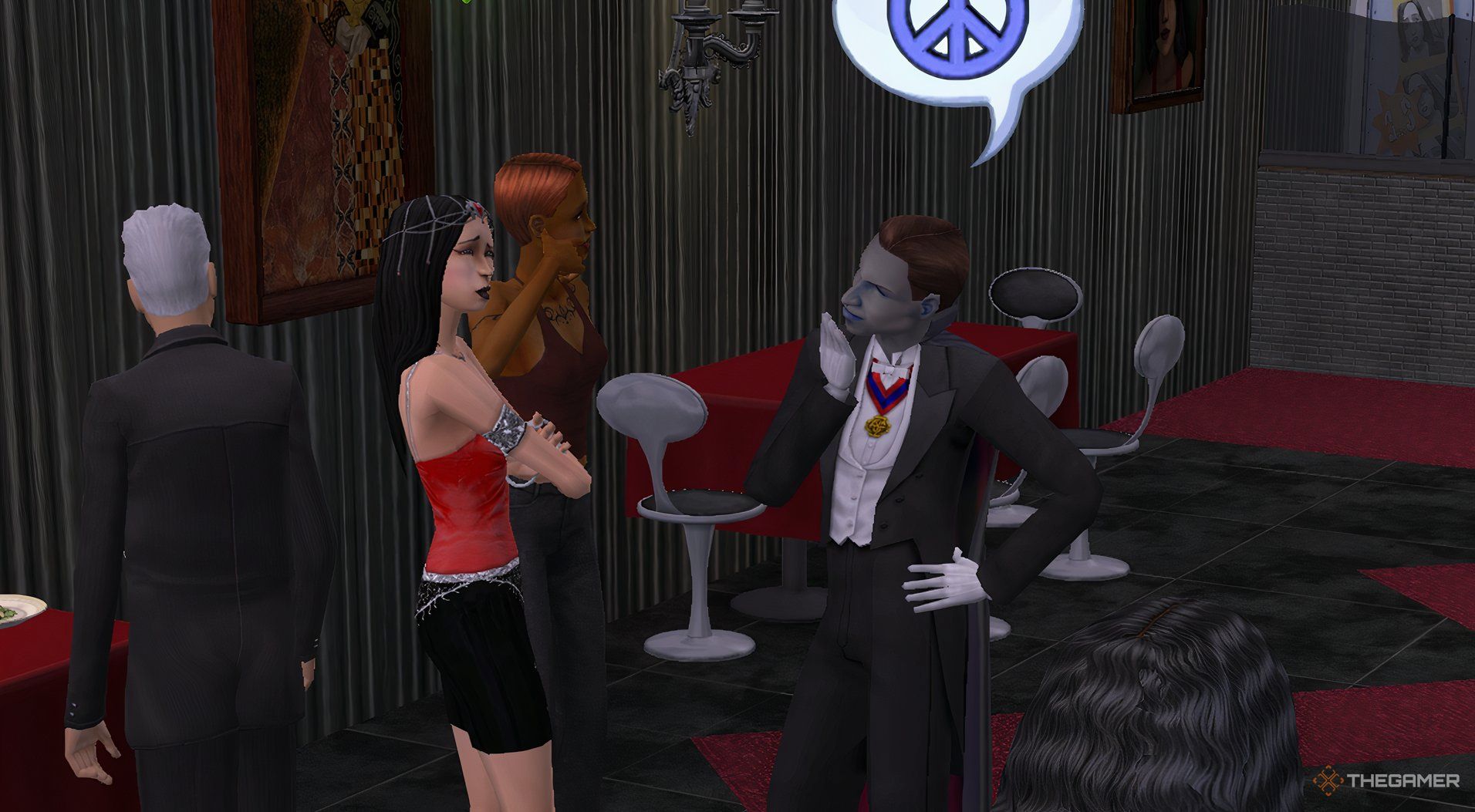 A vampire talking about peace while a woman looks at him quizzically in a club.