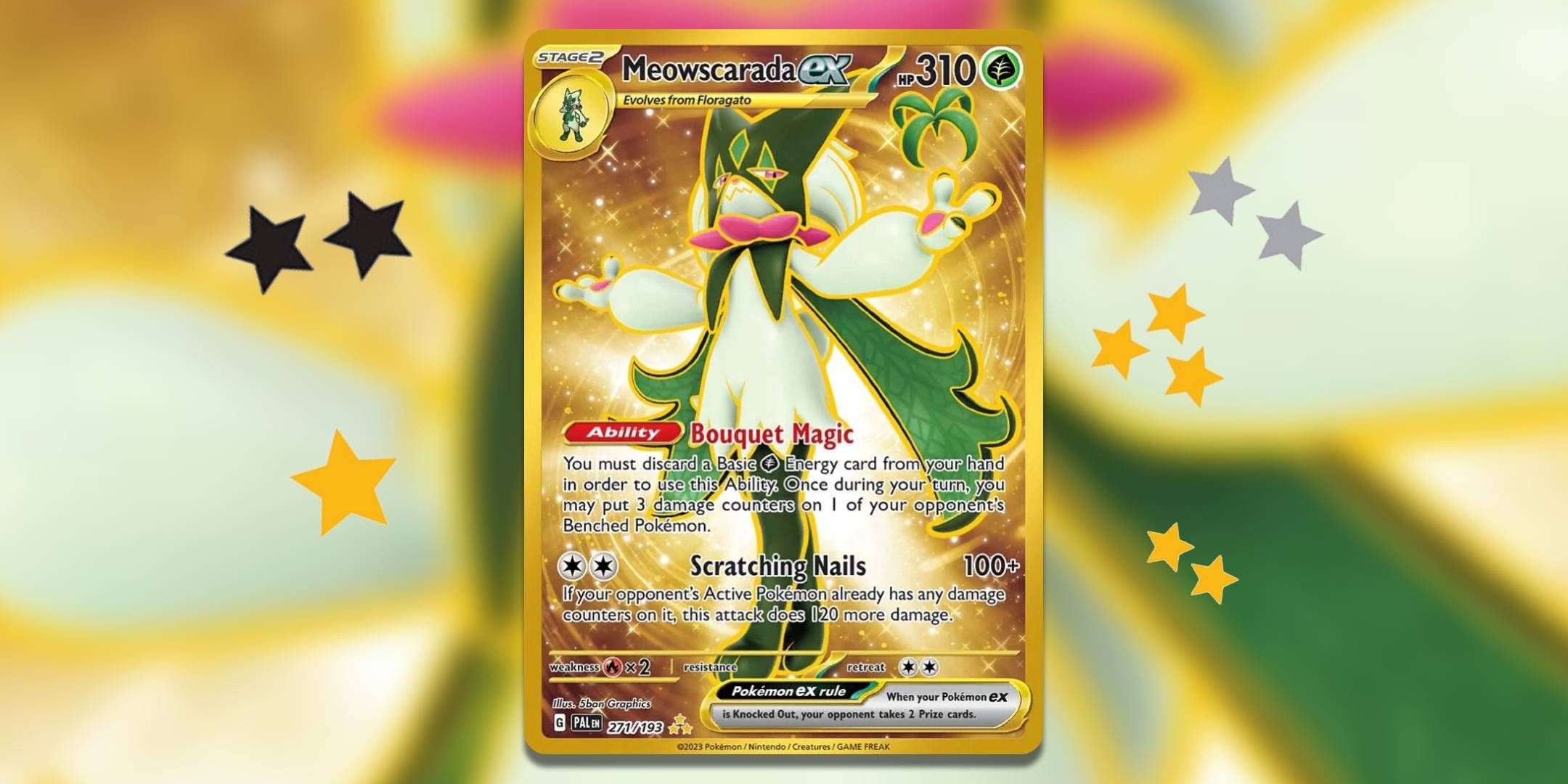 The Meowscarade ex card with a bunch of rarity symbols around it.