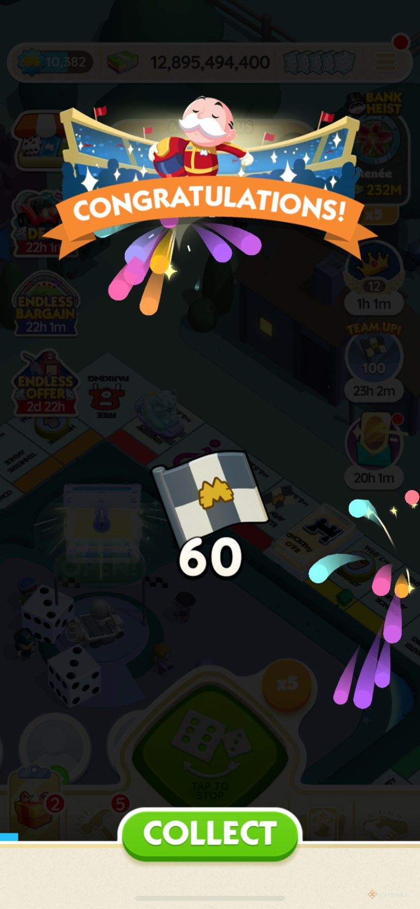 Earning 60 Tycoon Racers tokens from Fast and Luxurious in Monopoly Go.