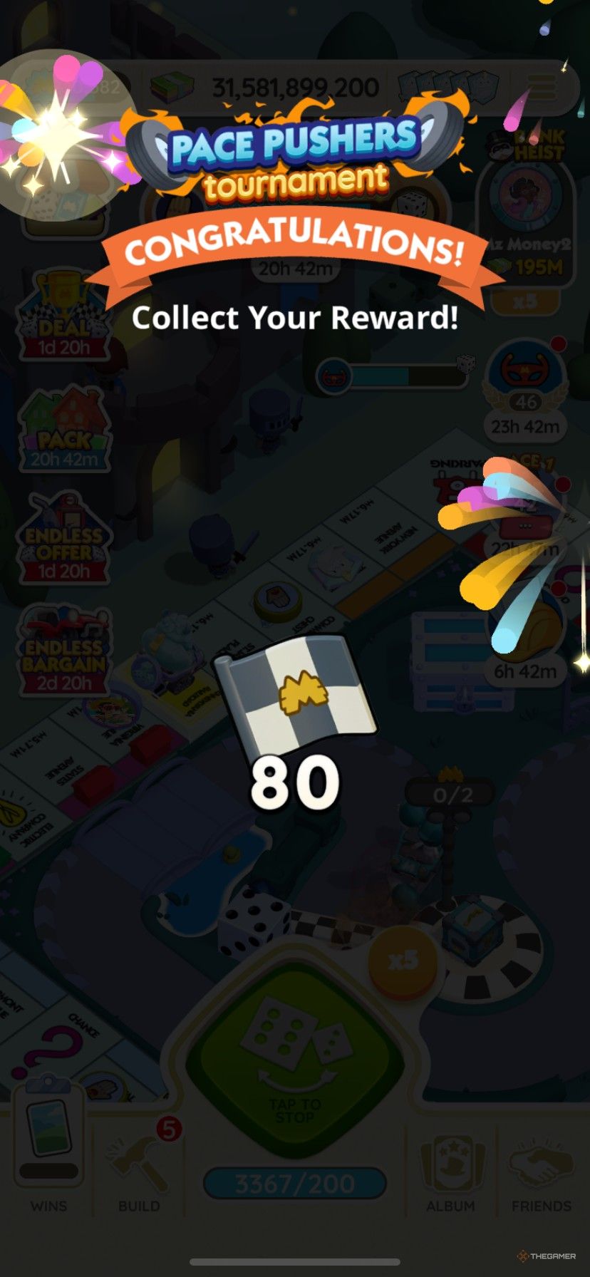 Winning 80 free Tycoon Racers tokens from Pace Pushers in Monopoly Go.