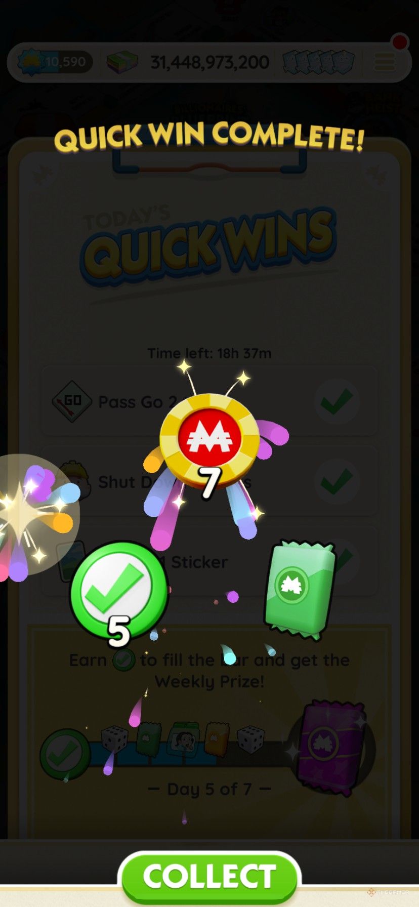 Earning 7 Peg-E tokens and a green sticker pack from daily quick wins during the Peg-E Sticker Drop event in Monopoly Go.