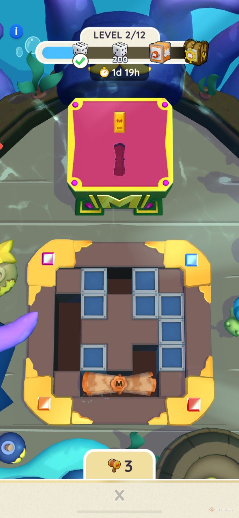 The second level of the Roll Treasures event in Monopoly Go, showing the abnormal shapes blocking certain puzzles.