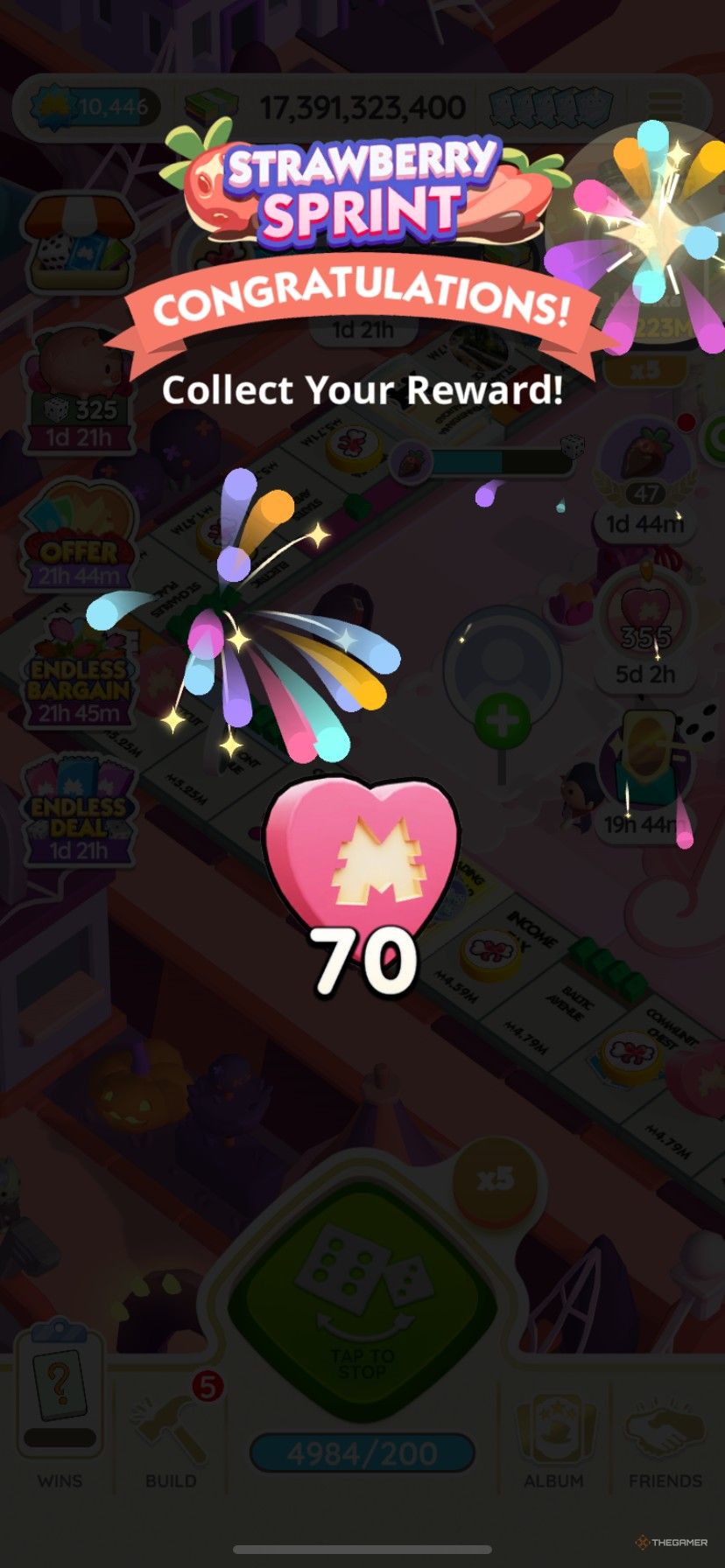 Earning 70 free Sweets Partners tokens in Strawberry Sprint in Monopoly Go.