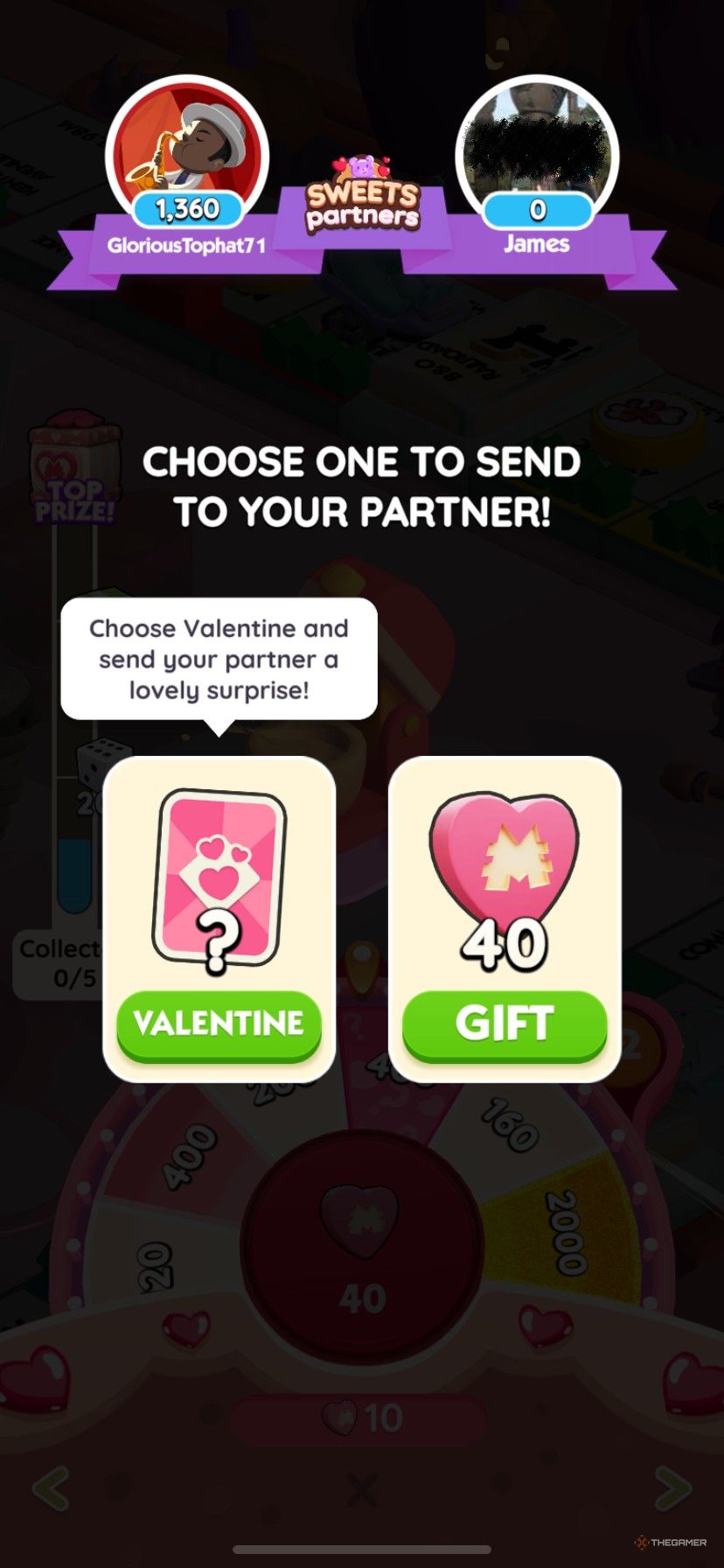 Choosing which gift to send a partner between cash or free tokens in Sweets Partners in Monopoly Go.