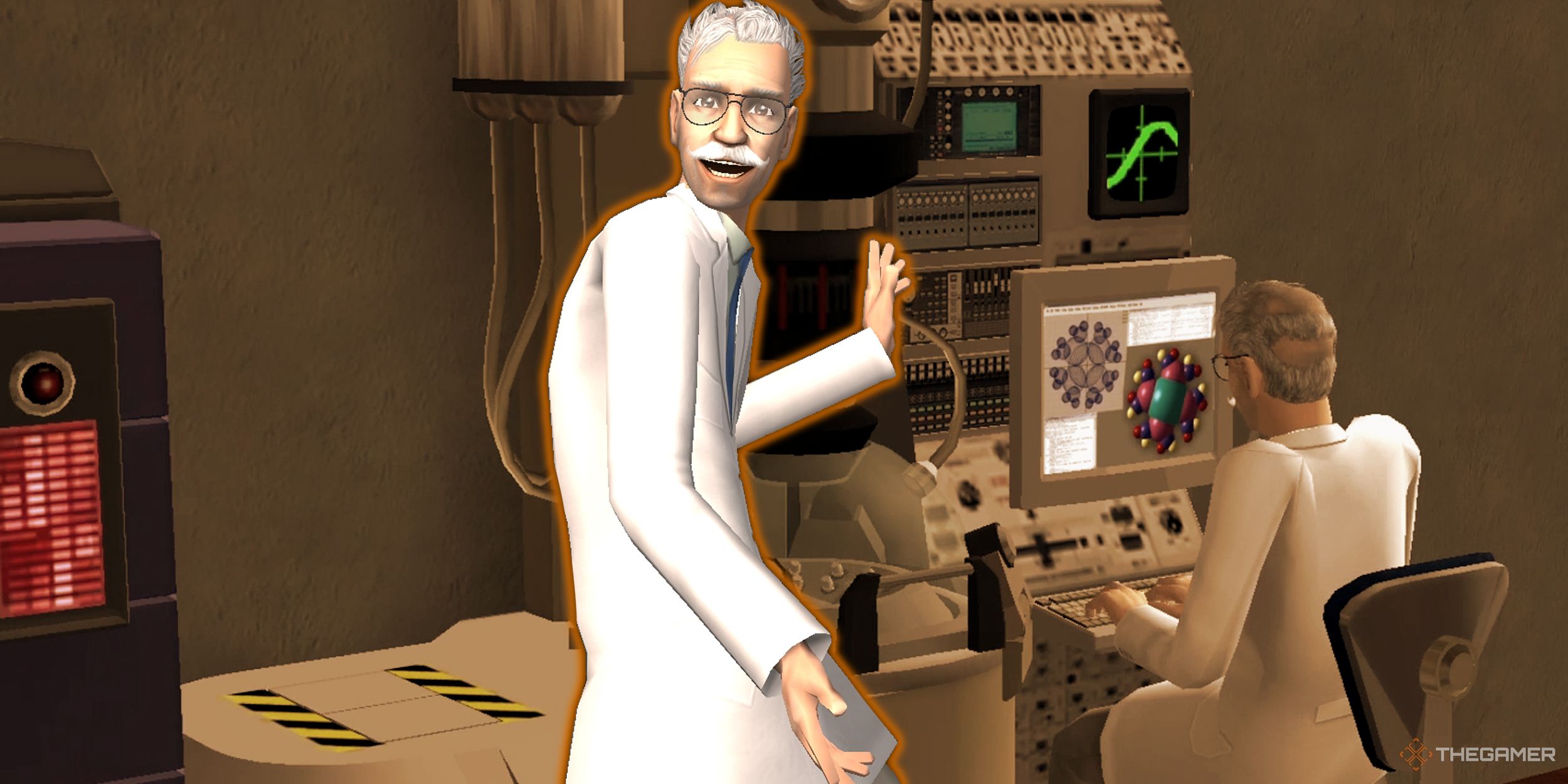 A sim presenting a background image of himself making medicine at a desk, dressed in a lab coat.