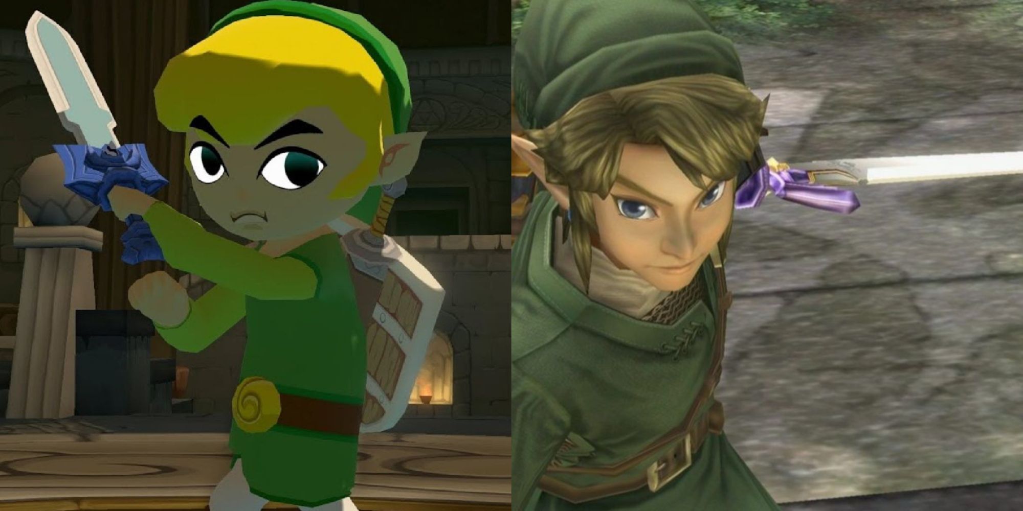 Toon Link holding up the Master Sword, and Twilight Princess Link Holding the Master Sword outwards behind himself