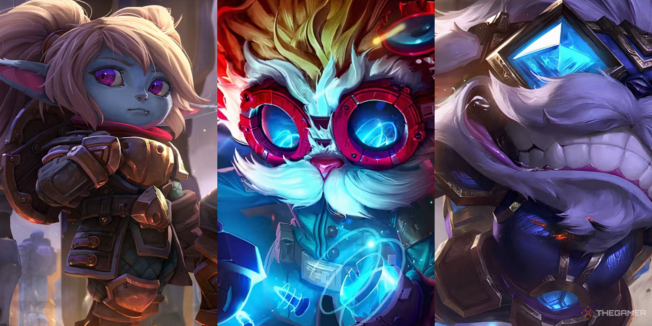 Left to right - Poppy with a pensive look on her face, Heimerdinger lit by one of his inventions, Ziggs flying through the air with a big grin in League of Legends