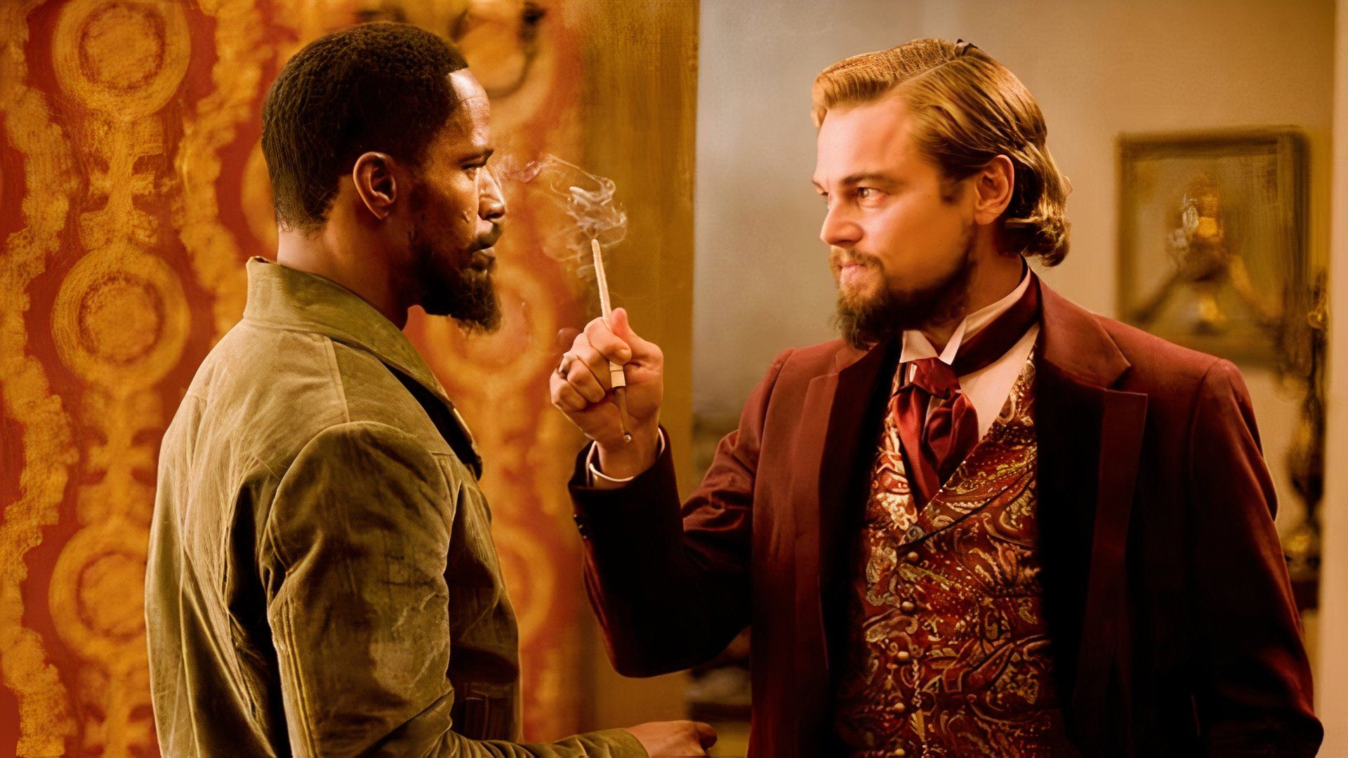 Jamie Foxx and Leonardo DiCaprio looking hostile in Django Unchained.