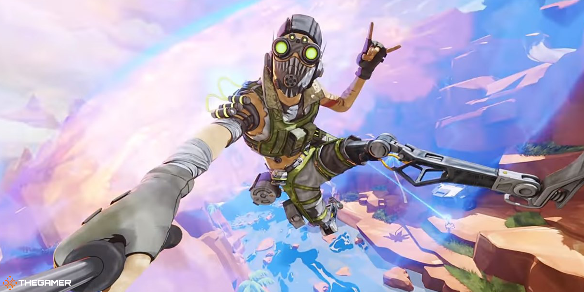 Octanes jumps through the air holding a selfie stick in Apex Legends cutscene