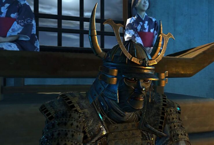 A samurai (that looks an awfully like Assassin's Creed Shadows hero) sits in the dark, in a screenshot from Yasuke Simulator.