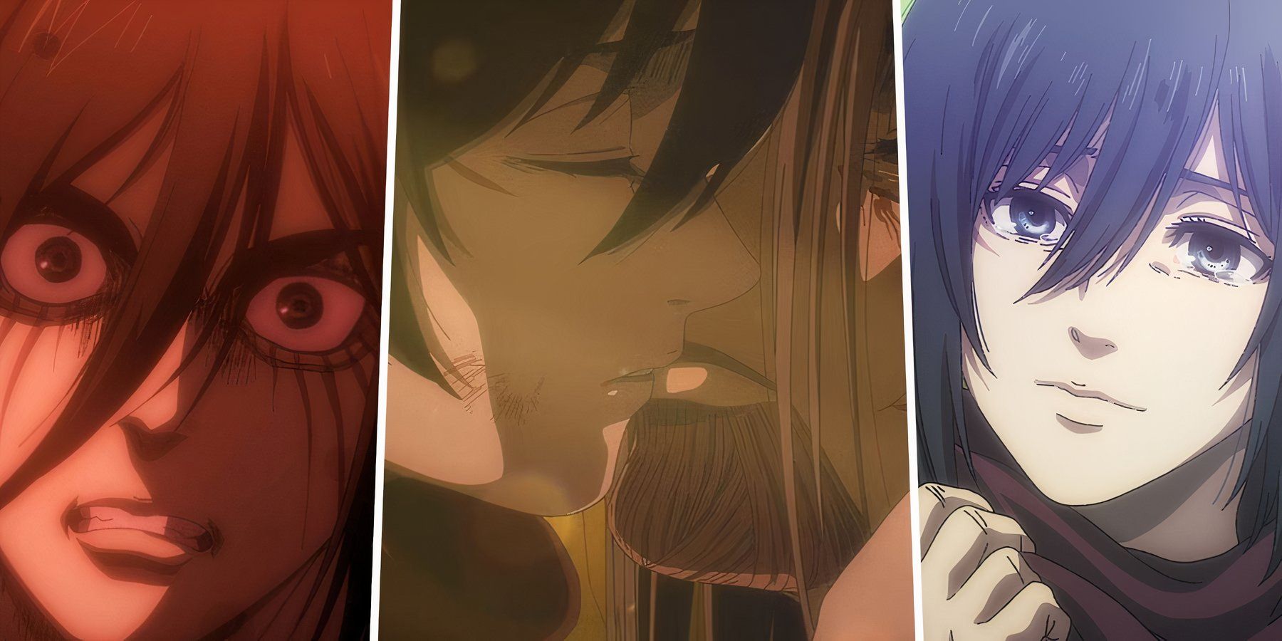 A split image of Eren, Mikasa and Them Kissing in Attack on Titan.