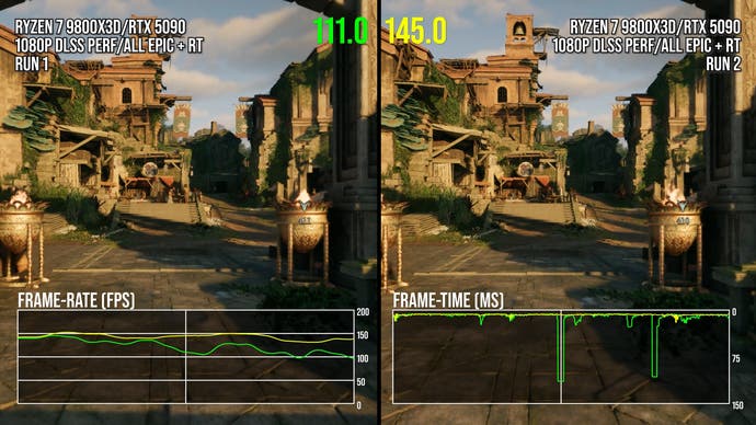 Avowed PC comparison between first and second runs of an area, showing shader compilation stutter