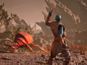 Avowed screenshot showing companion Kai wielding a pistol in one hand and short sword in the other while facing a large reddish-orange bug-like creature