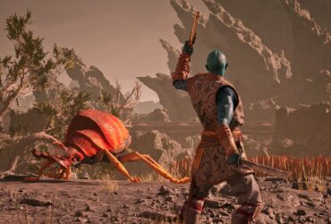 Avowed screenshot showing companion Kai wielding a pistol in one hand and short sword in the other while facing a large reddish-orange bug-like creature