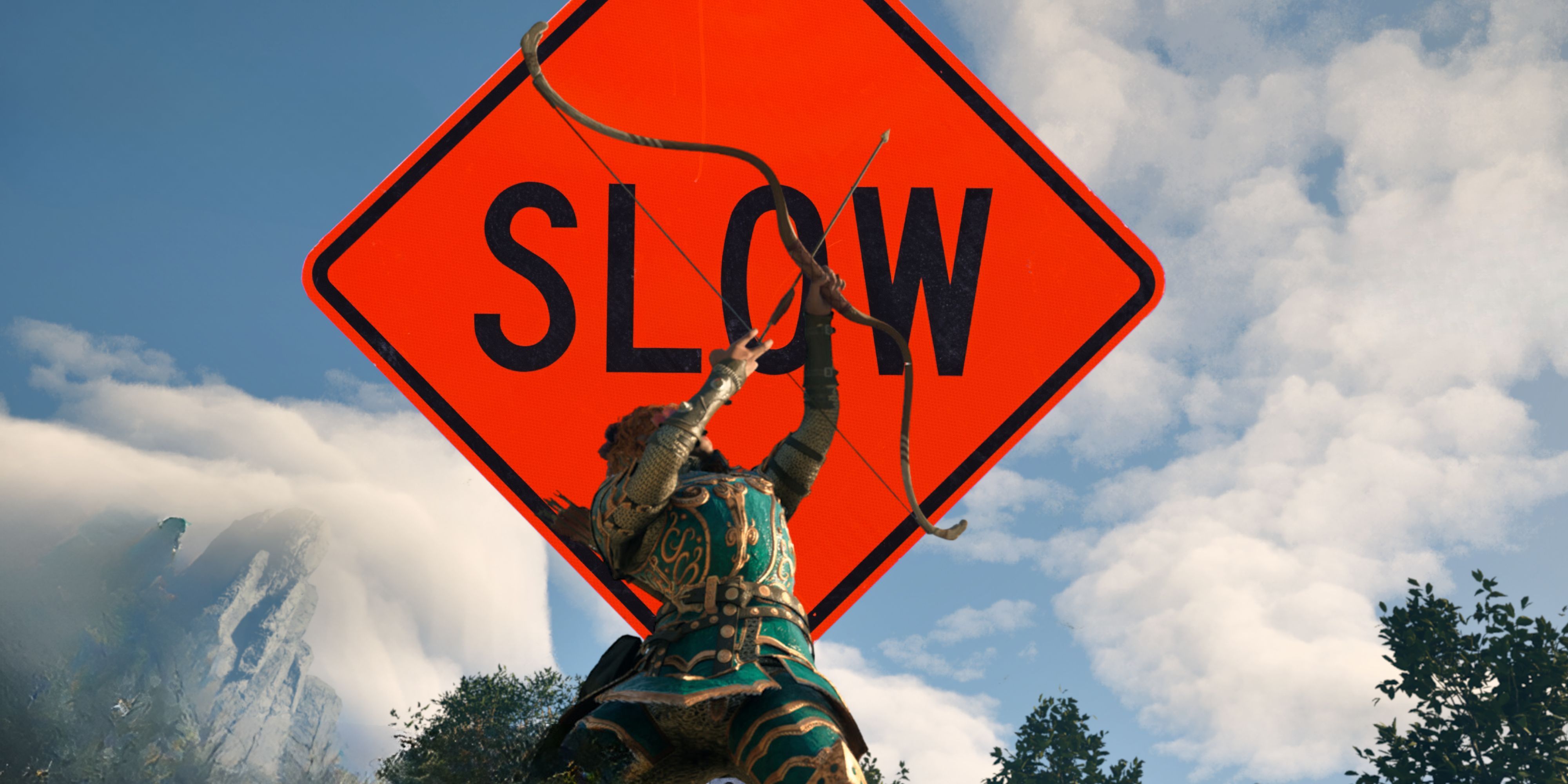 Slow sign behind Avowed protagonist with a bow