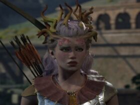 Avowed screenshot of a female godlike with treebark antlers, mushrooms decals on her face, and light pink hair with a bow on her back