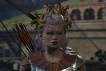 Avowed screenshot of a female godlike with treebark antlers, mushrooms decals on her face, and light pink hair with a bow on her back