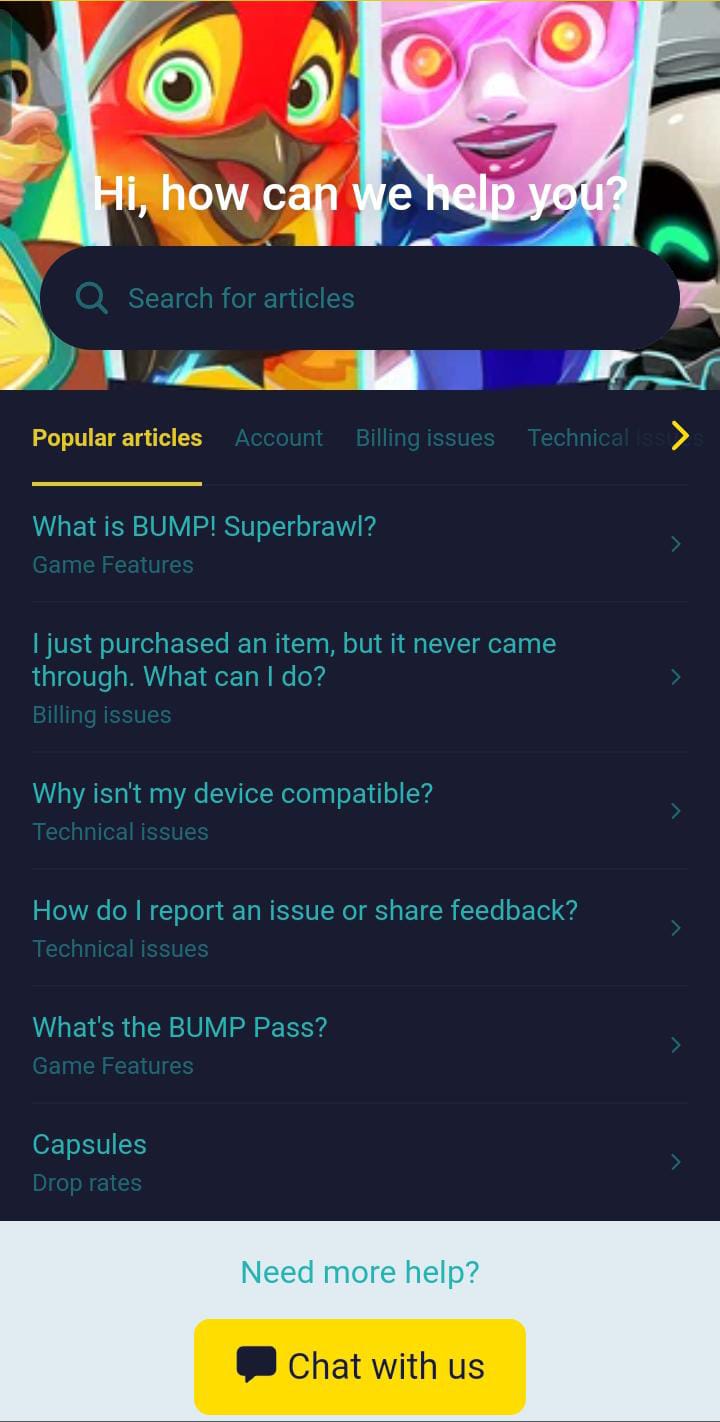 BUMP! Superbrawl In-game Customer support section