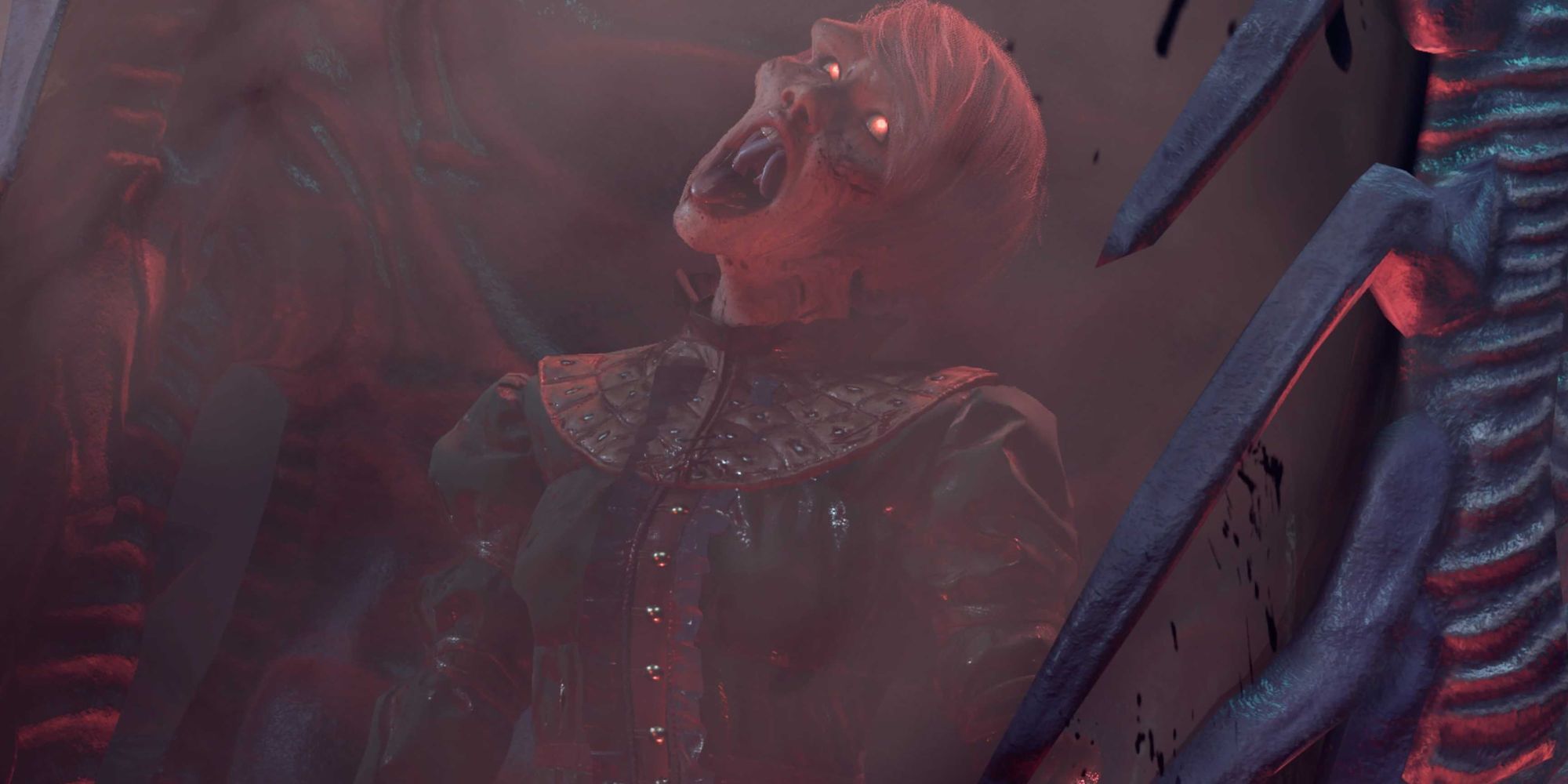 A human NPC is transformed into a Mind Flayer in Baldur's Gate 3. Their mouth is open and tenticles are emerging. 