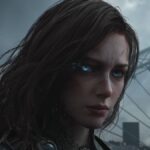 Tides of Annihilation protagonist Gwendolyn, a woman with long brown hair and glowing blue eyes, looks to the camera.