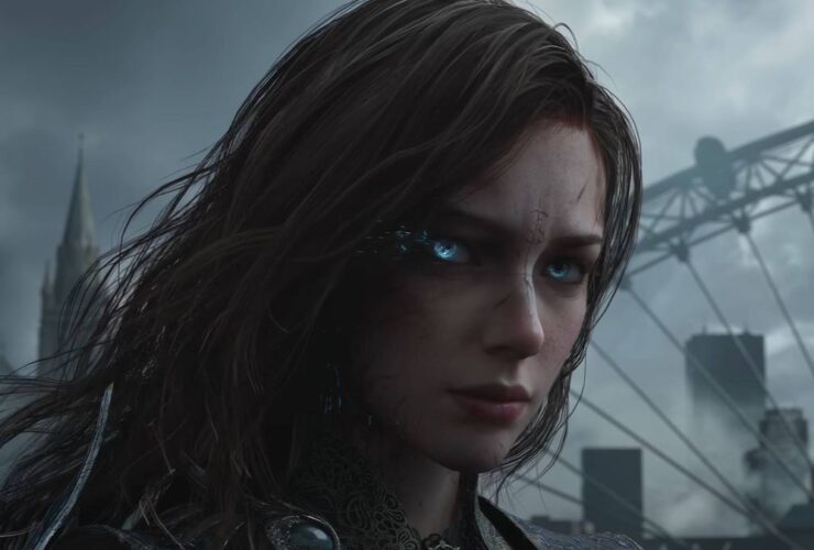 Tides of Annihilation protagonist Gwendolyn, a woman with long brown hair and glowing blue eyes, looks to the camera.