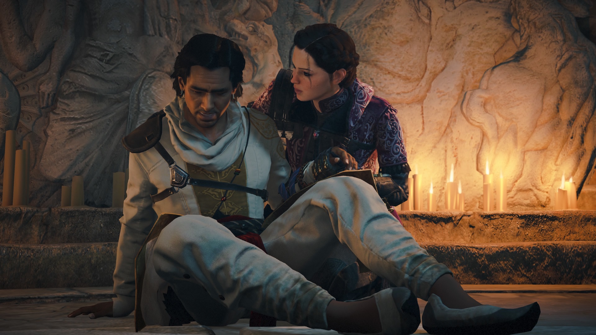 Assassin's Creed Syndicate screenshot of Henry Green being supported by Evie Fyre