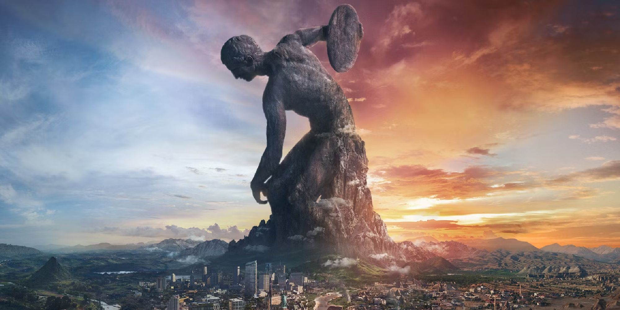 promotional art from civ 6 showing a giant mountain-sized statue of a man looming over a city below