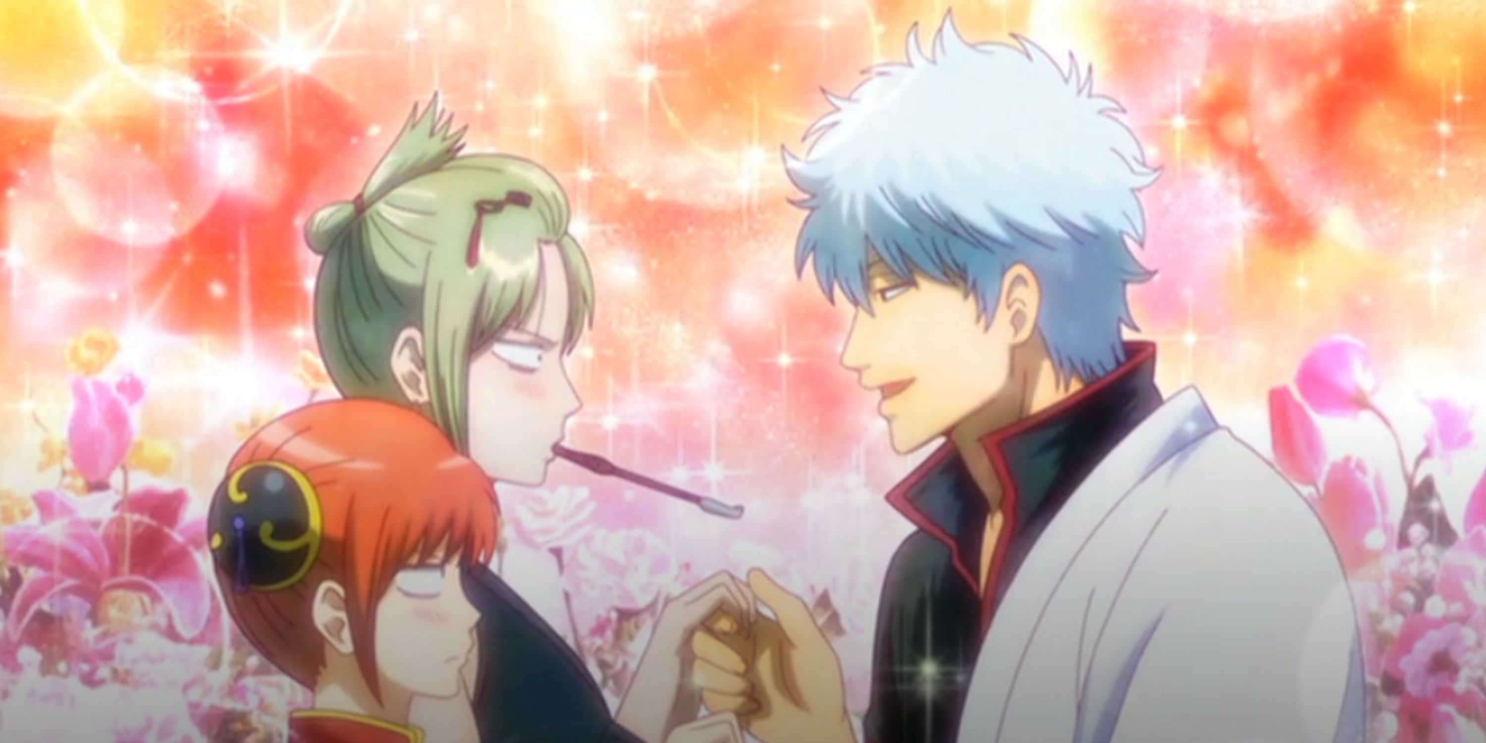 Gintoki attempts to charm Tsukuyo and Kagura while under a love potion.