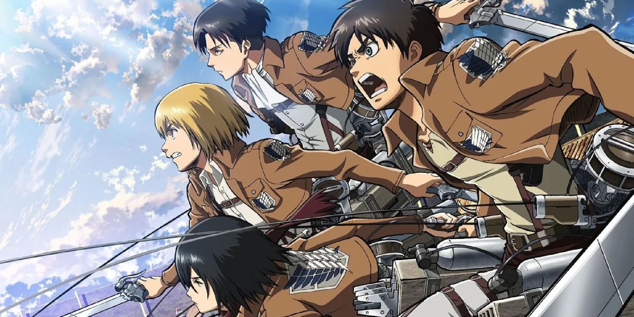 Eren, Armin, Levi, and Mikasa angling toward the left, prepared to attack. 