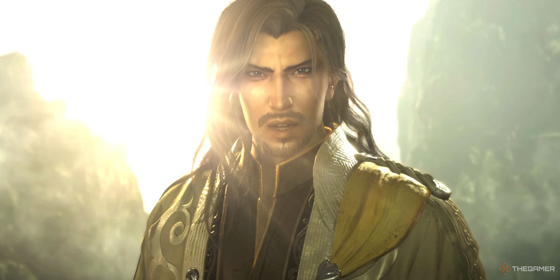 zhang jiao with the setting sun behind him at the beginning of Dynasty Warriors: Origins.