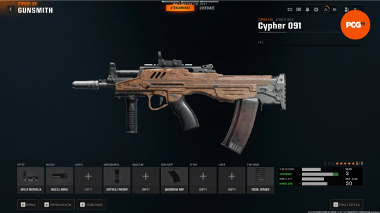 Best Cypher 091 loadout: a futuristic looking assault rifle with a brown body and large curved magazine.