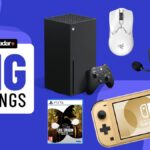 Nintendo Switch Lite, Xbox Series X, gaming mouse, headset, and PS5 game on a blue background with big savings badge