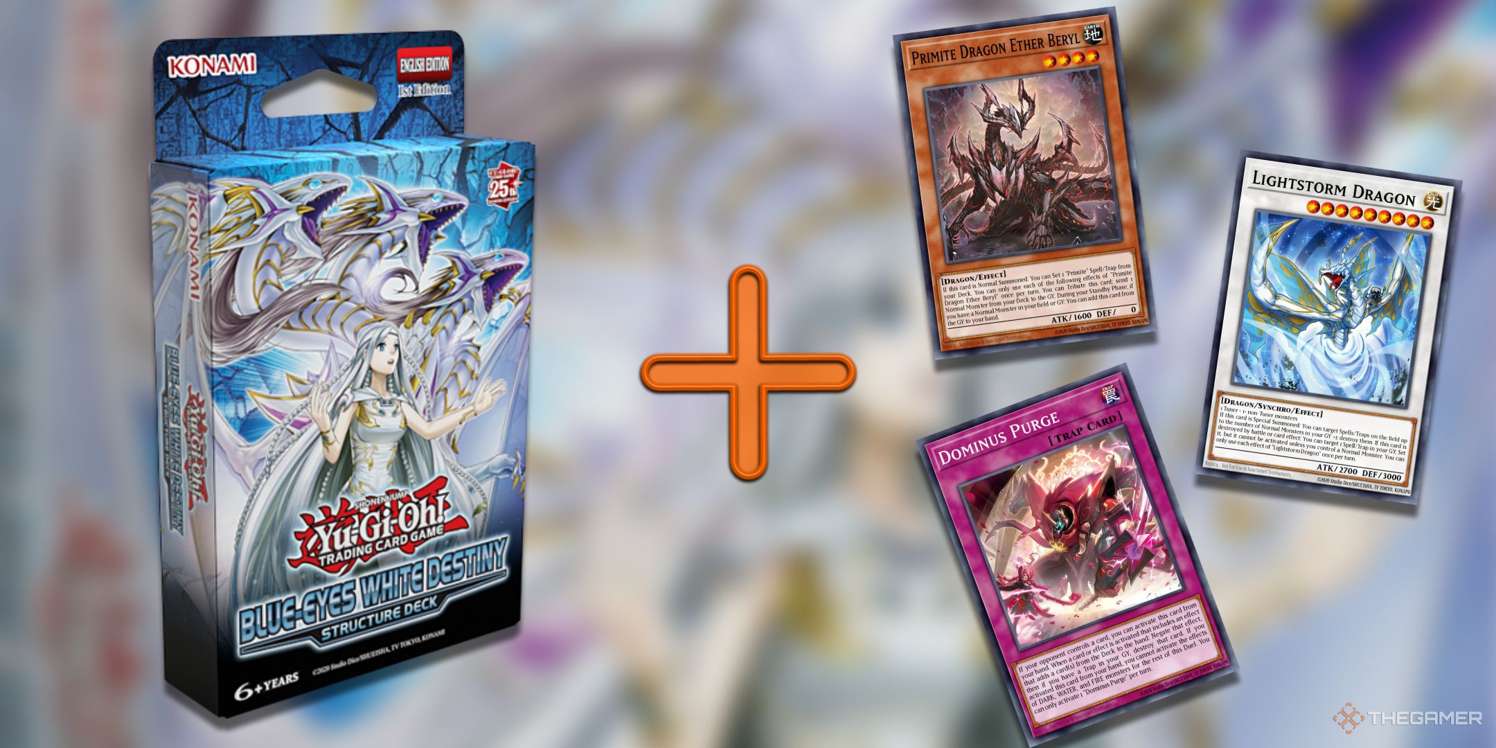 A collage of cards that can be added to make a Blue-Eyes White Destiny Structure deck better in the Yu-Gi-Oh! TCG such as Primite Dragon Ether Beryl, Lightstorm Dragon, and Dominus Purge.