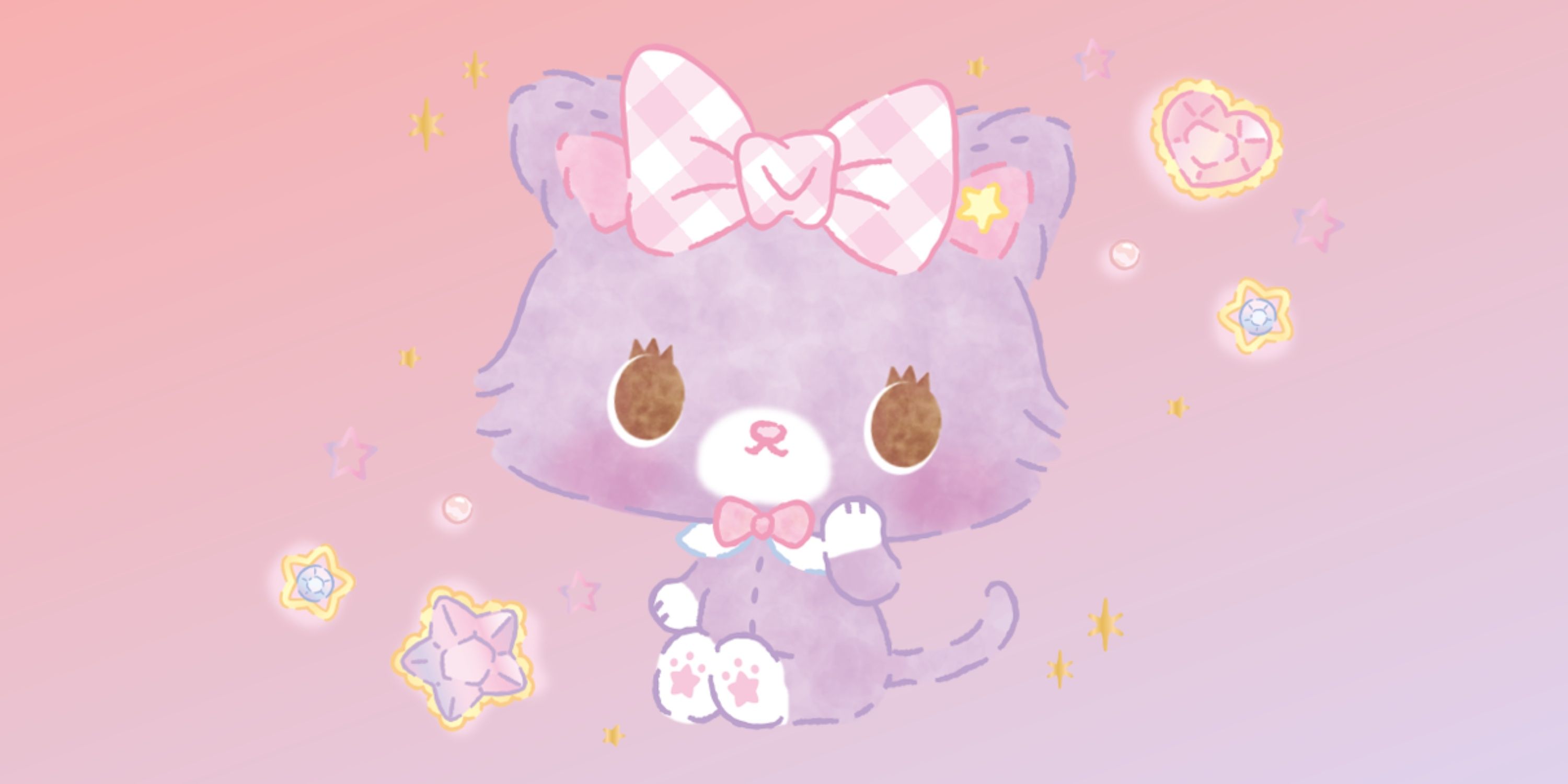 Mewkledreamy on a pink and purple gradient background surrounded by gems and sparkles.