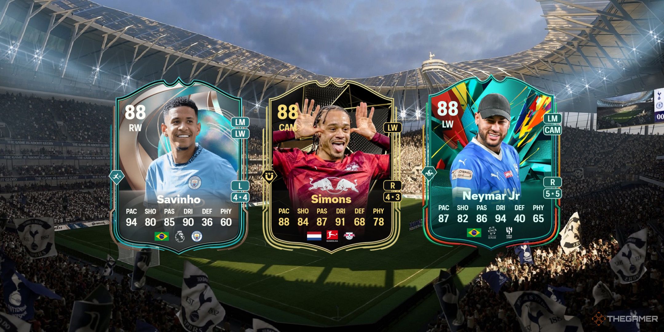 Savinho's, Simons', and Neymar Jr's cards in EA Sports FC 25.