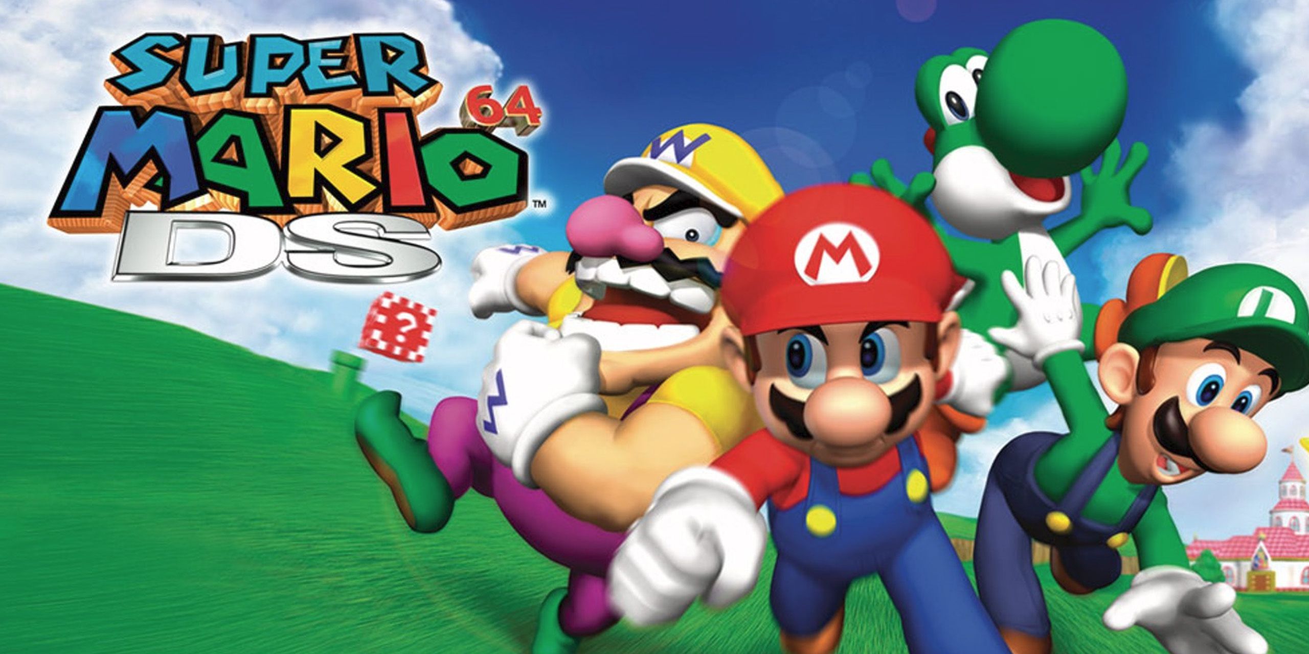 Cover art for Super Mario 64 DS, showing Mario, Luigi, Yoshi, and Wario running up a hill.