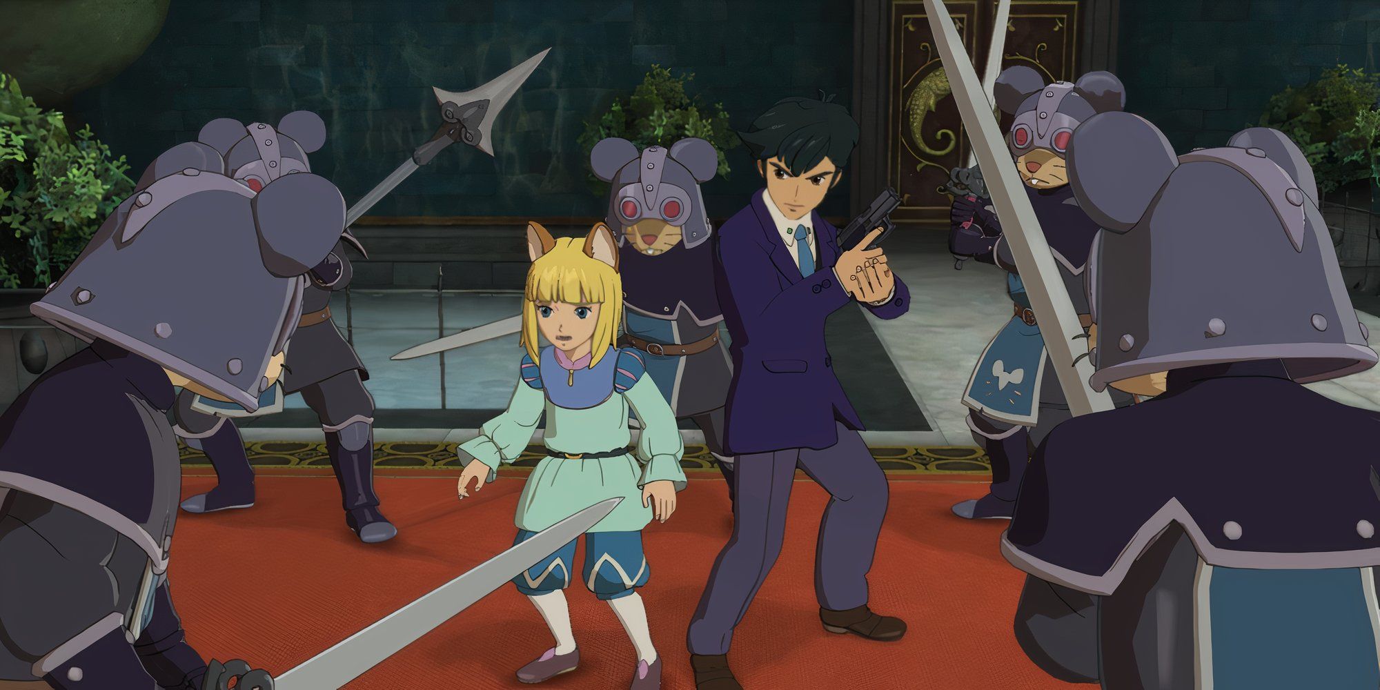 Evan and Roland surrounded by enemies in Ni No Kuni 2 Revenant Kingdom. 