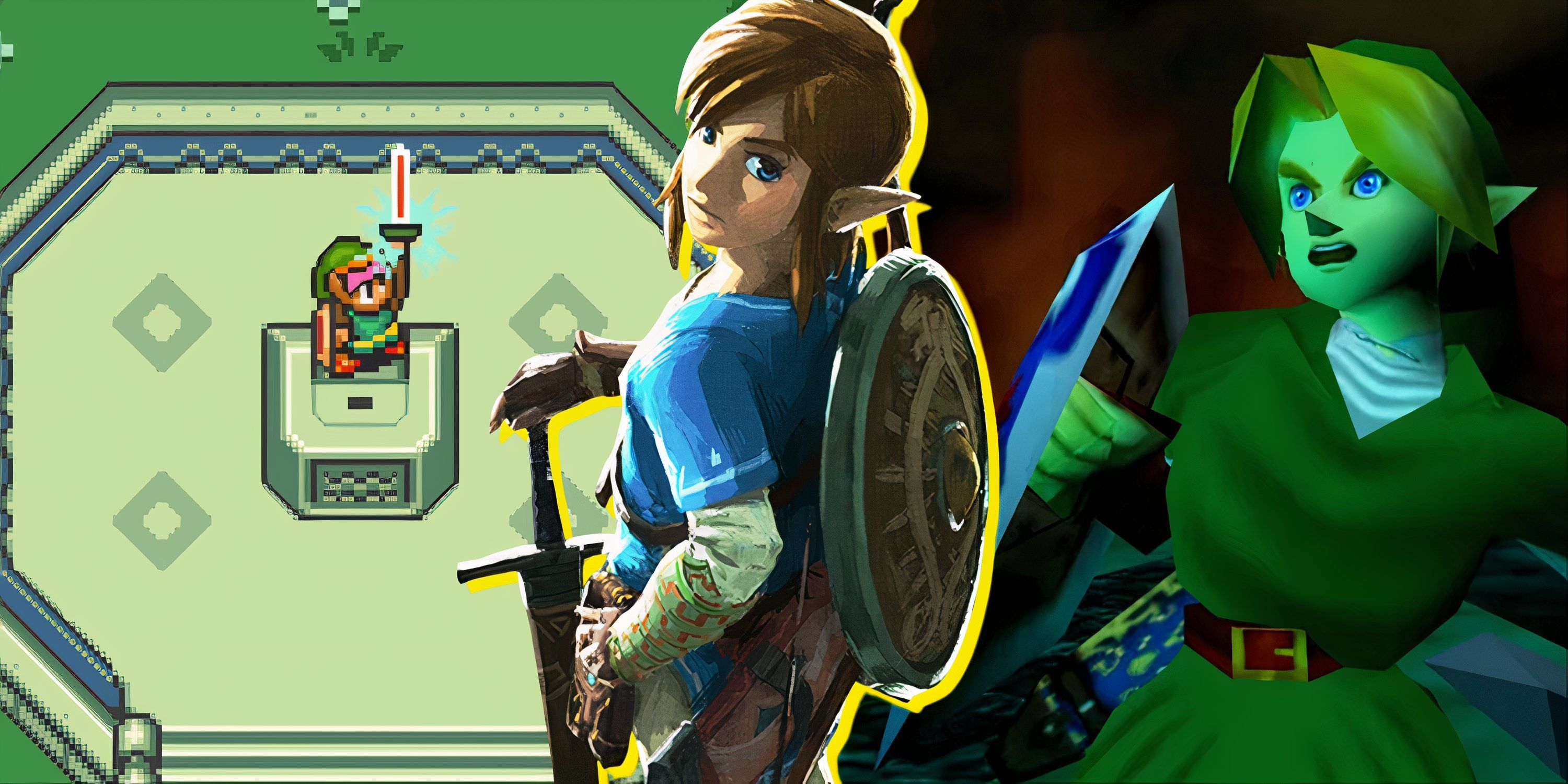 Split image of The Legend Of Zelda A Link To The Past, Breath Of The Wild, and Ocarina Of Time