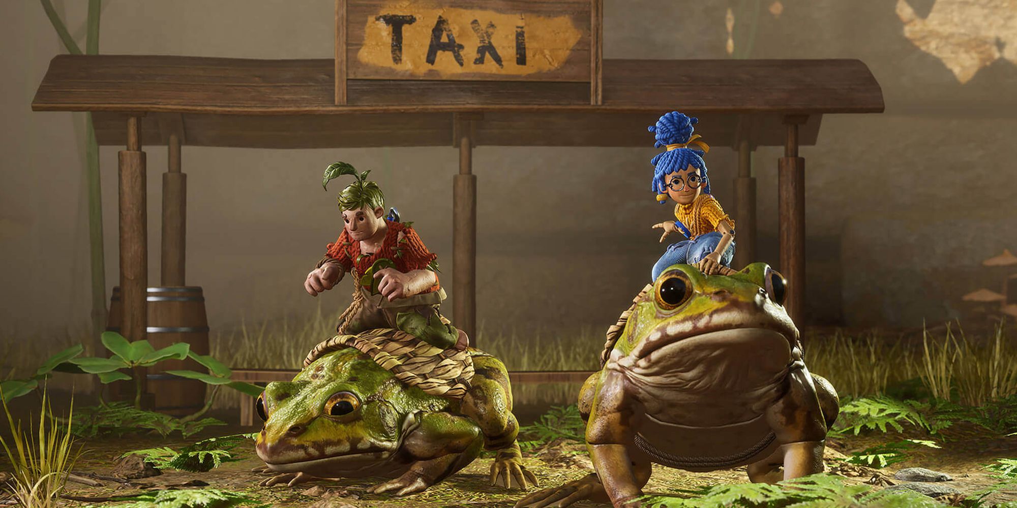 Cody and May riding on frogs in It Takes Two, with a Taxi banner behind them.