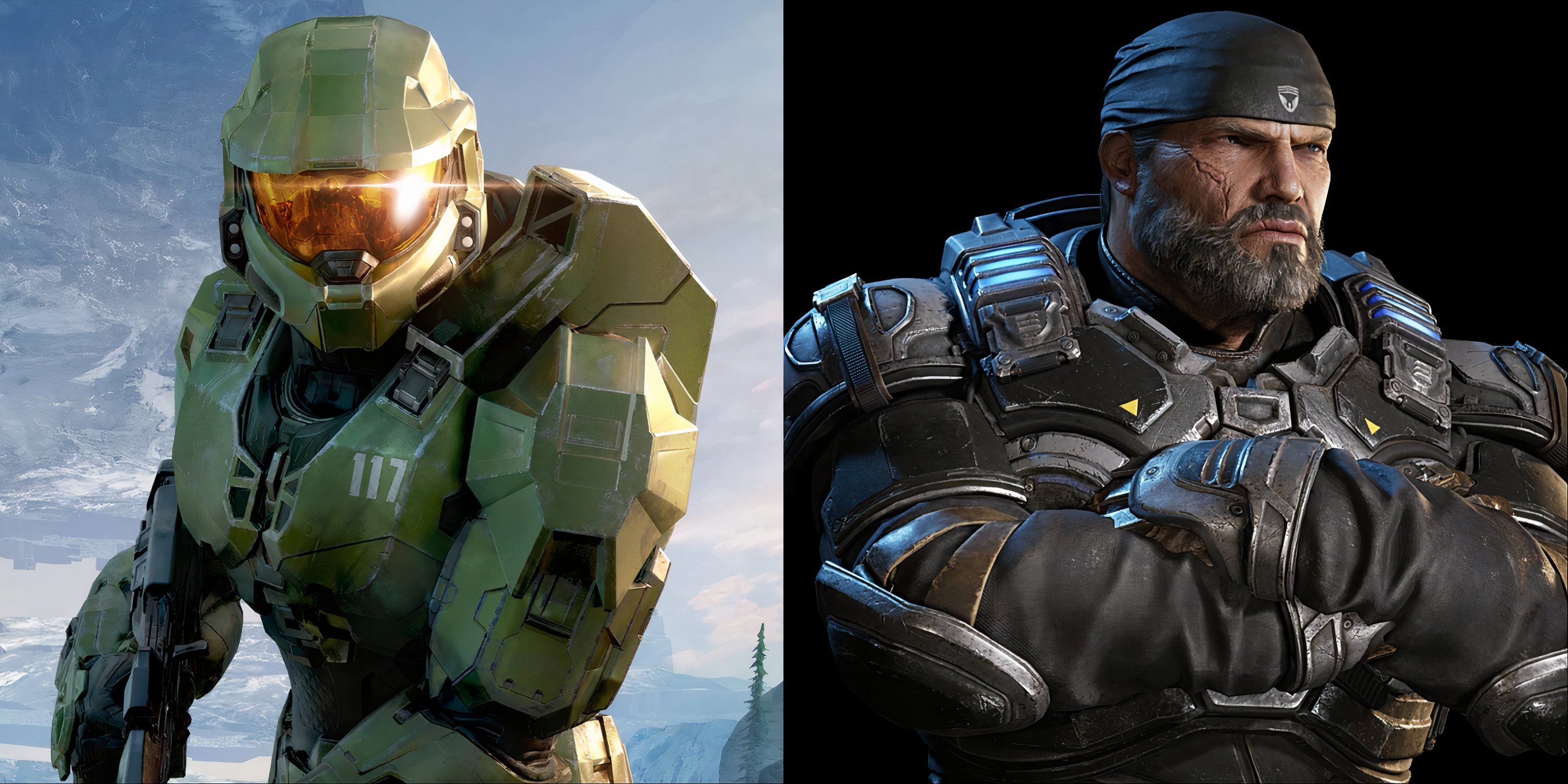 Split image of Master Chief from Halo Infinite and Marcus Fenix from Gears 5