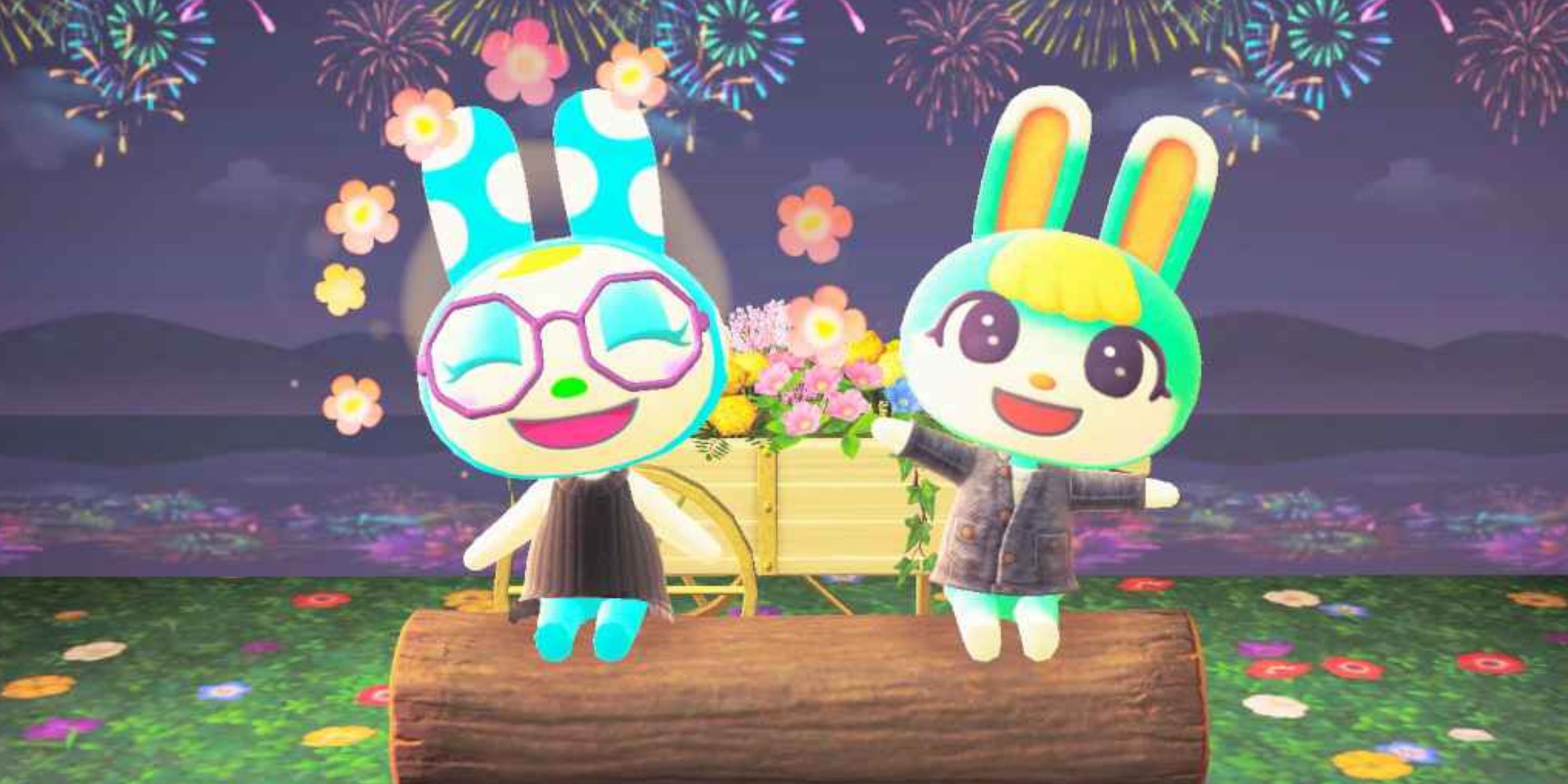 Two Bunny Villagers Sasha And Francine Sitting On A Log In A Festive Themed Room In Animal Crossing: New Horizons.