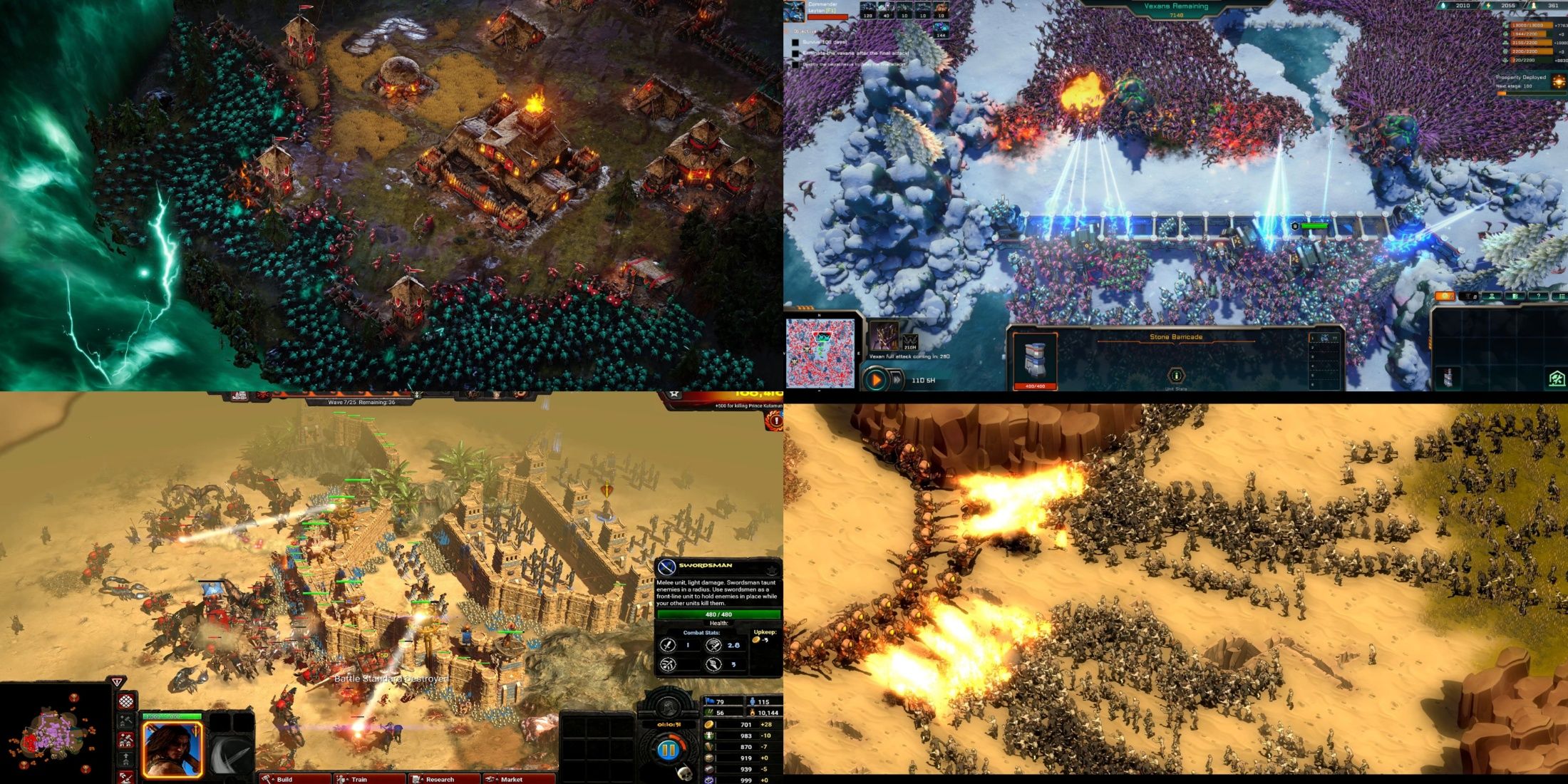 Alien Marauder, Age of Darkness Final Stand, Conan Unconquered, They Are Billions horde survival RTS mixed gameplay collage