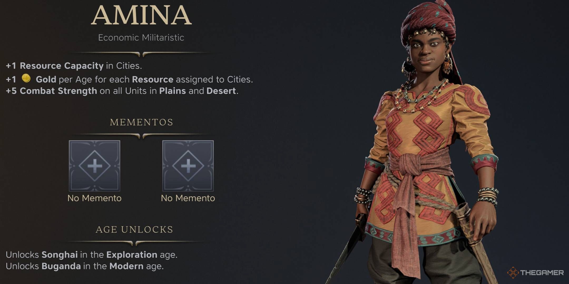 Amina's screen menu in Civilization 7