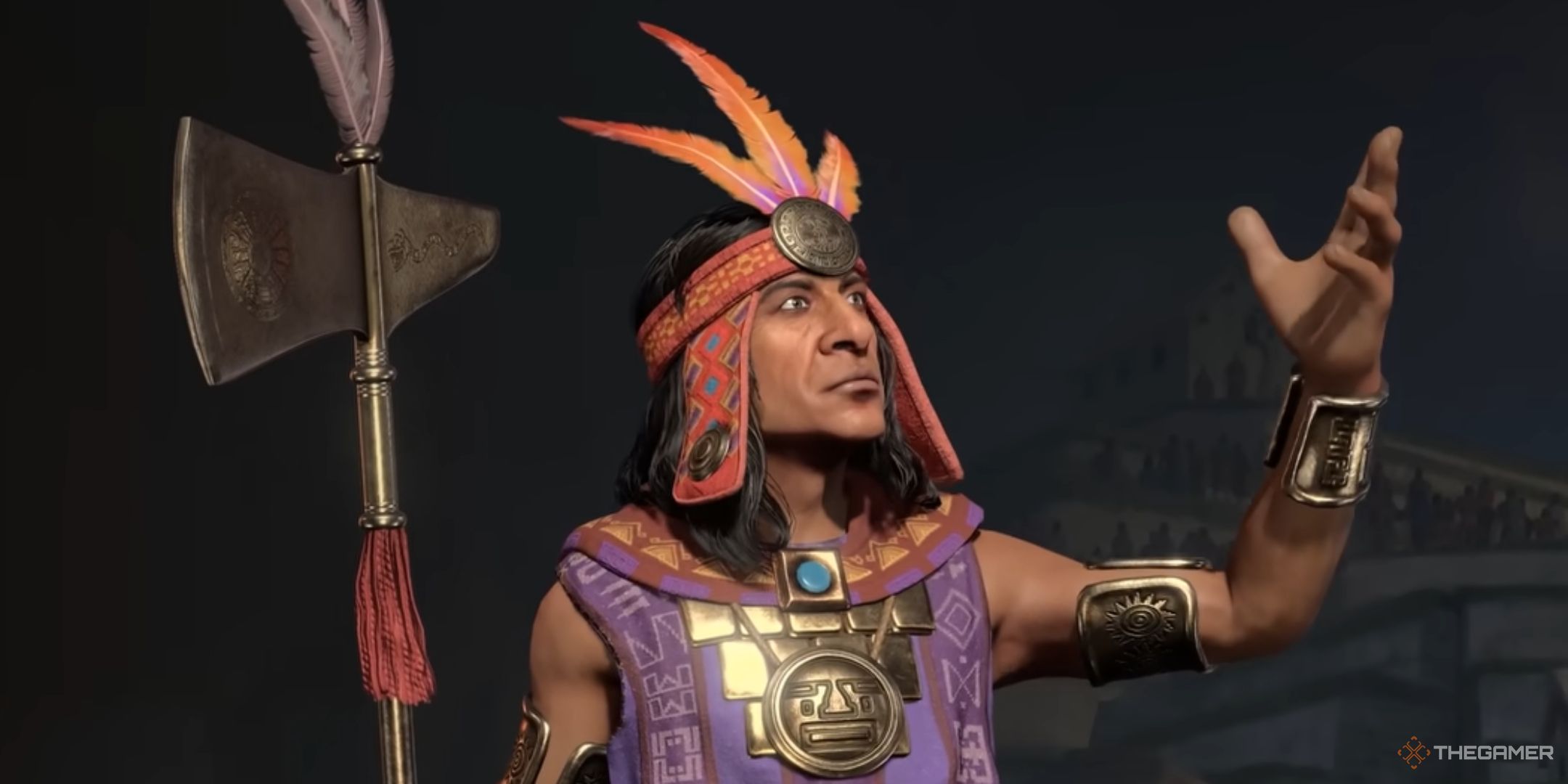 Pachacuti raising his hand in his intro video for Civilization 7.