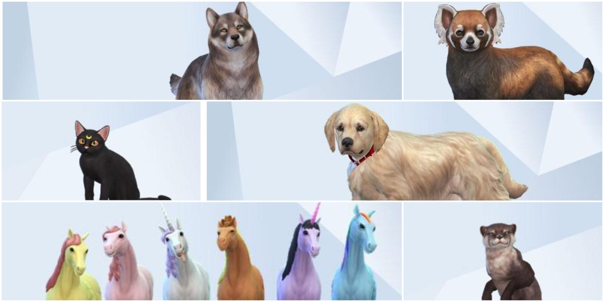 A collage of images of pets found in The Sims 4 gallery, including a Golden Retriever puppy, horses, and replications of otters and red pandas