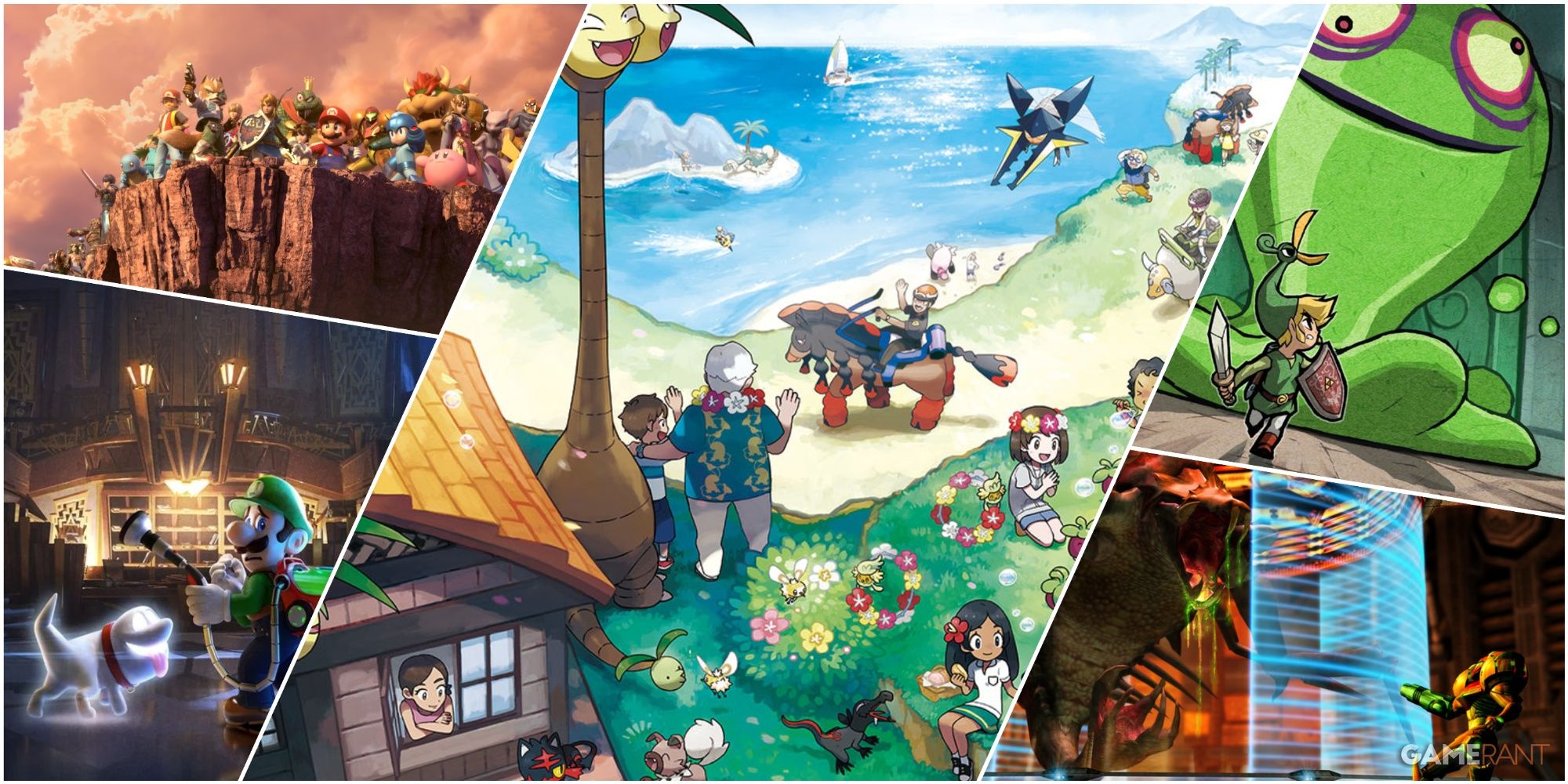 A Collage Of Key Art & Key Frames From Super Smash Bros Ultimate, Luigi's Mansion 3, Metroid Prime, Pokemon Sun & Moon, & The Legend Of Zelda The Minish Cap