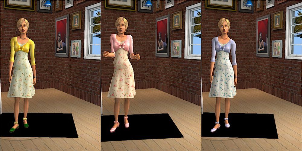 A female Sim wearing a floral dress and bolero in The Sims 2.