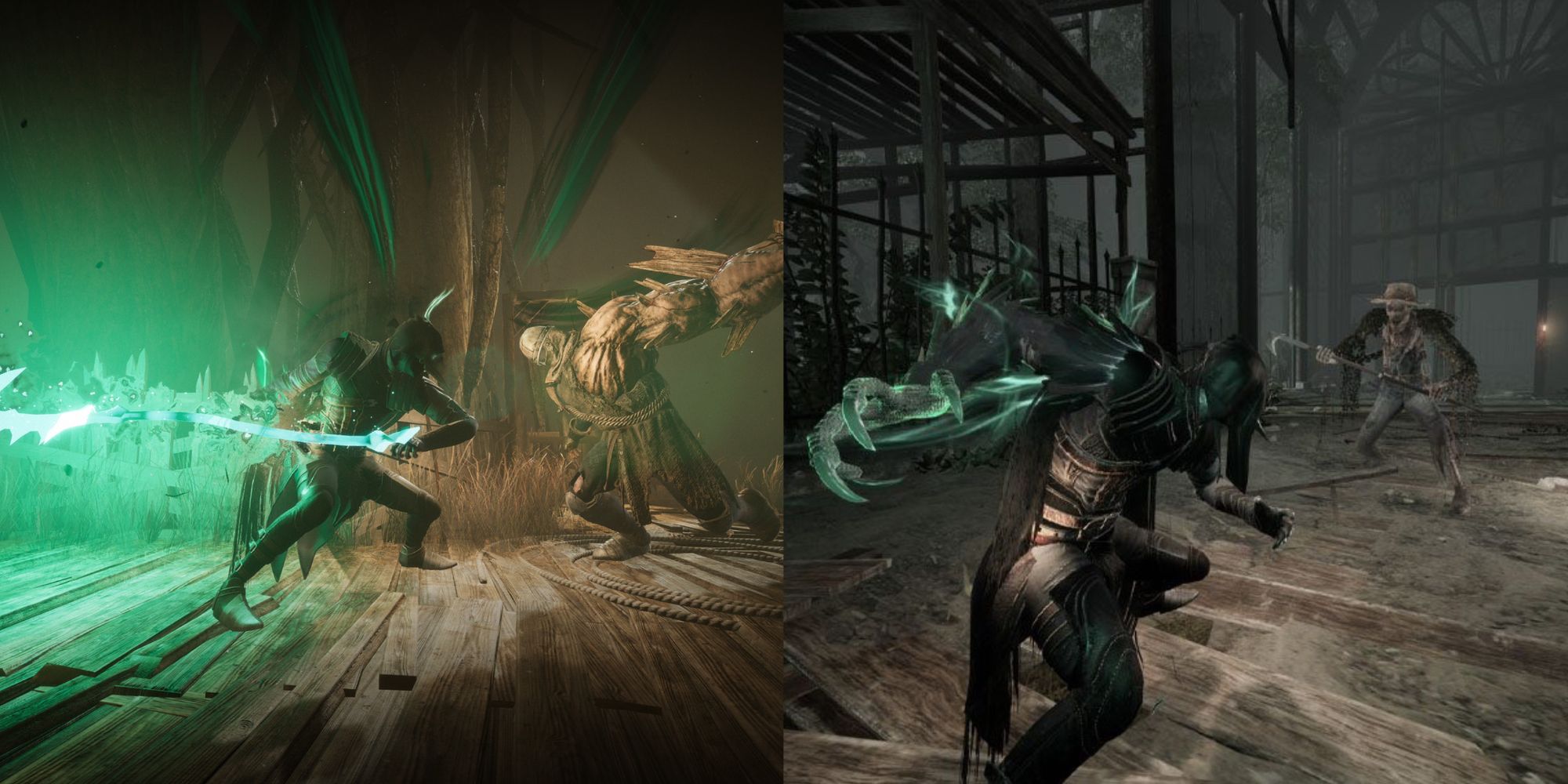 a split image of Corvus in two different battles in Thymesia